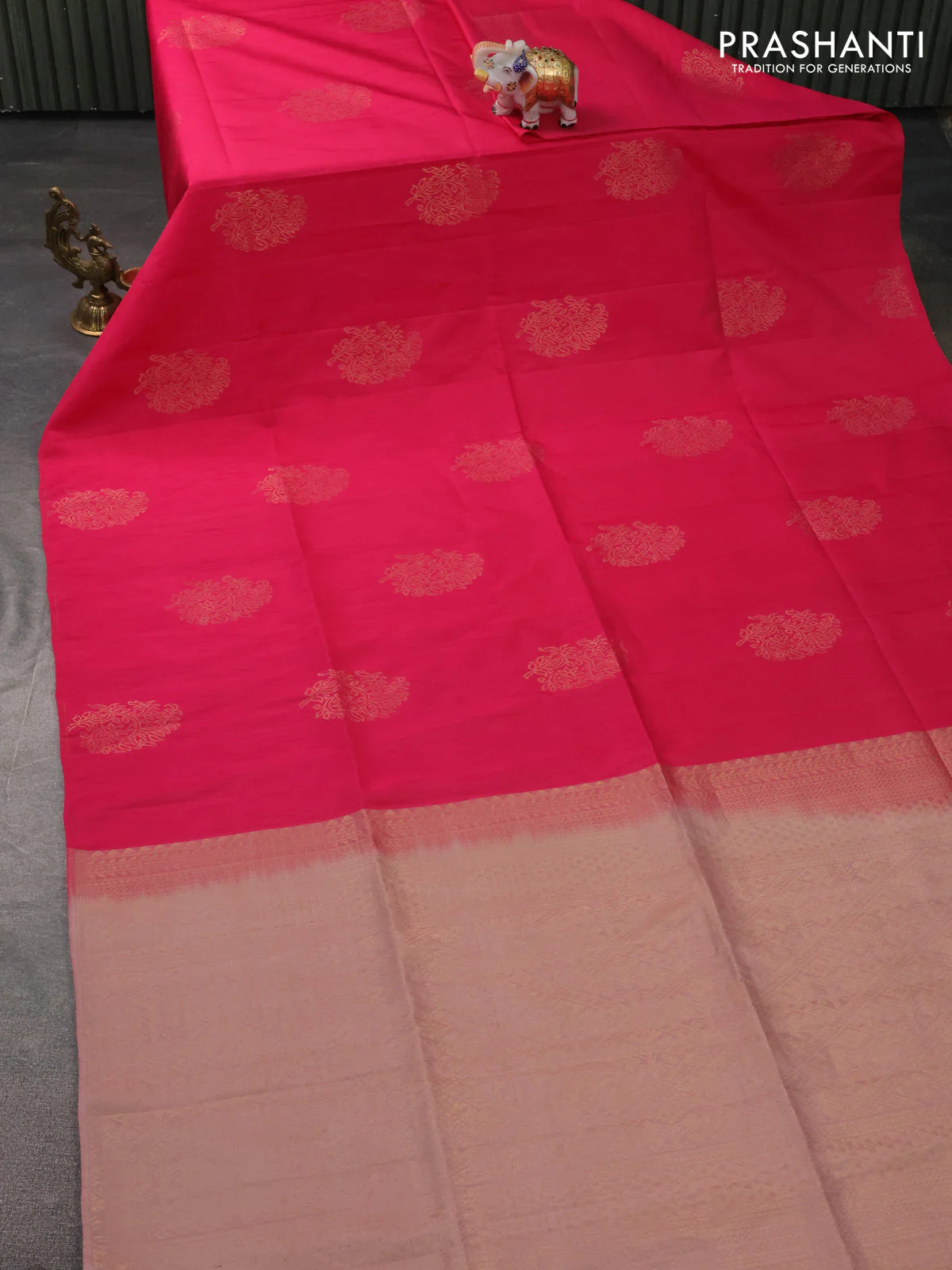 Kanchipuram silk saree candy pink and pastel peach with zari woven buttas & jute finish in borderless style - Image 2