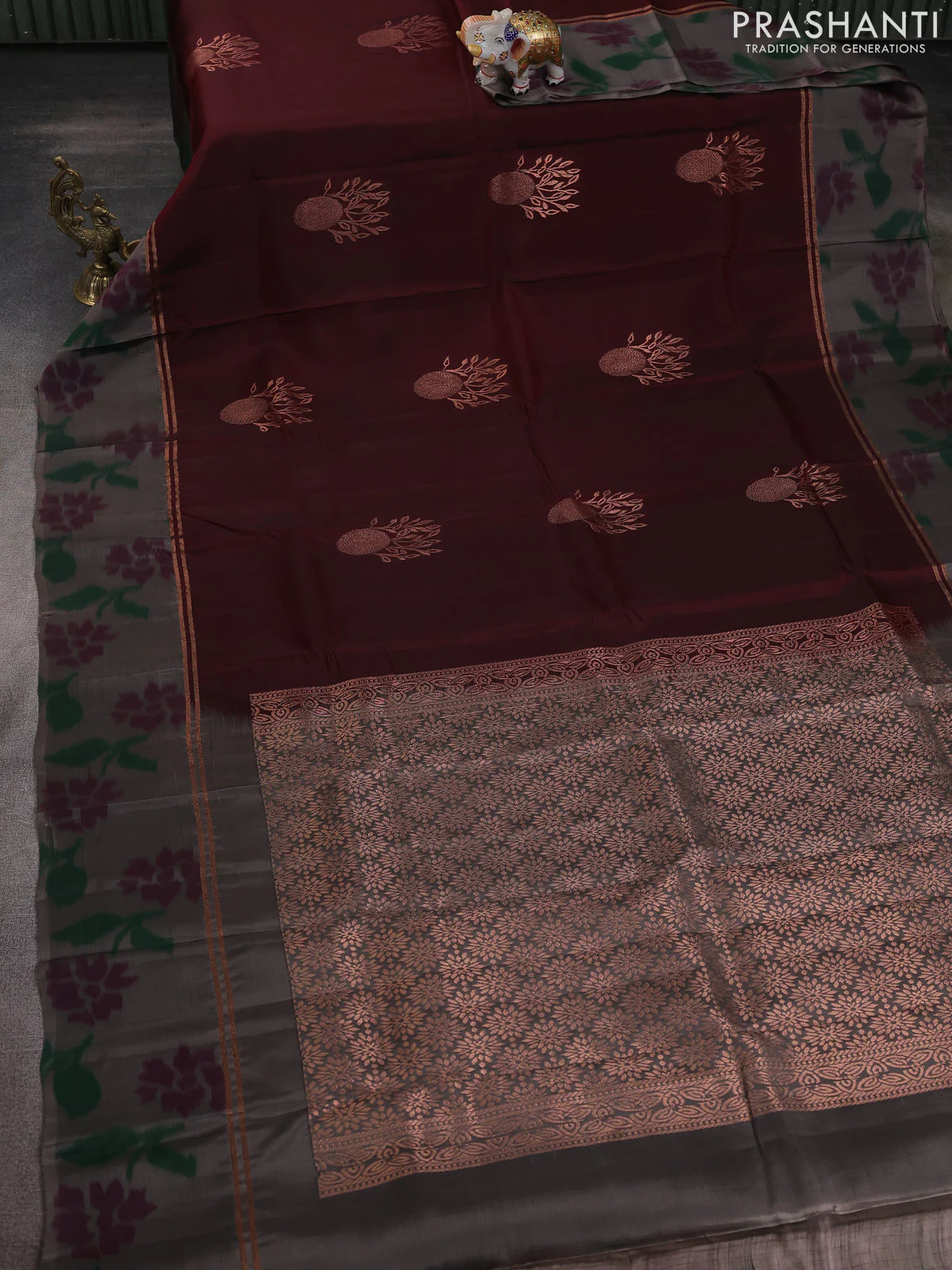 Kanchipuram silk saree coffee brown and grey with copper zari woven buttas and copper ikat woven border - Image 2