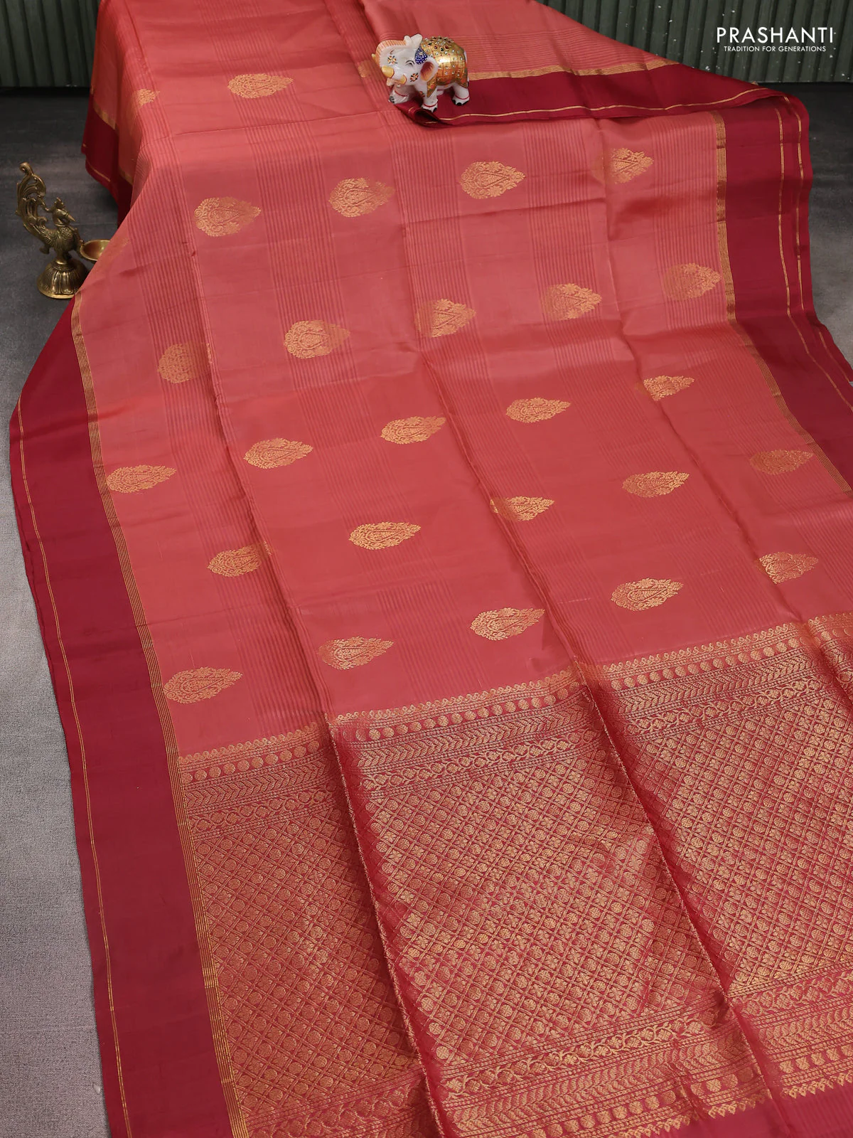 Kanchipuram silk saree dark peach and maroon with zari woven buttas and rettapet zari woven border - Image 2