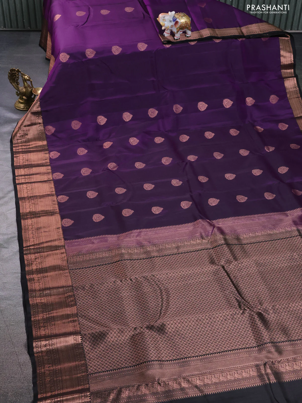 Kanchipuram silk saree deep violet and black with copper zari woven buttas and copper zari woven border - Image 2