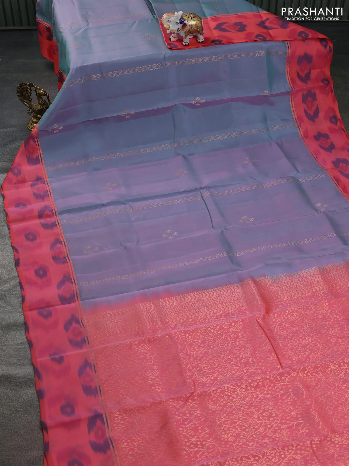 Kanchipuram silk saree dual shade of pastel blue and peach shade with copper zari weaves & buttas and copper zari woven ikat style border - Image 2