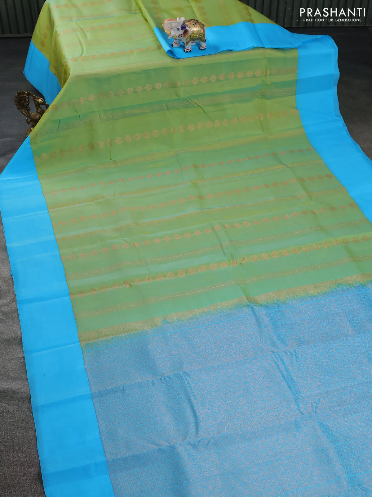 Kanchipuram silk saree dual shade of light green and light blue with allover copper zari weaves and simple border - Image 2