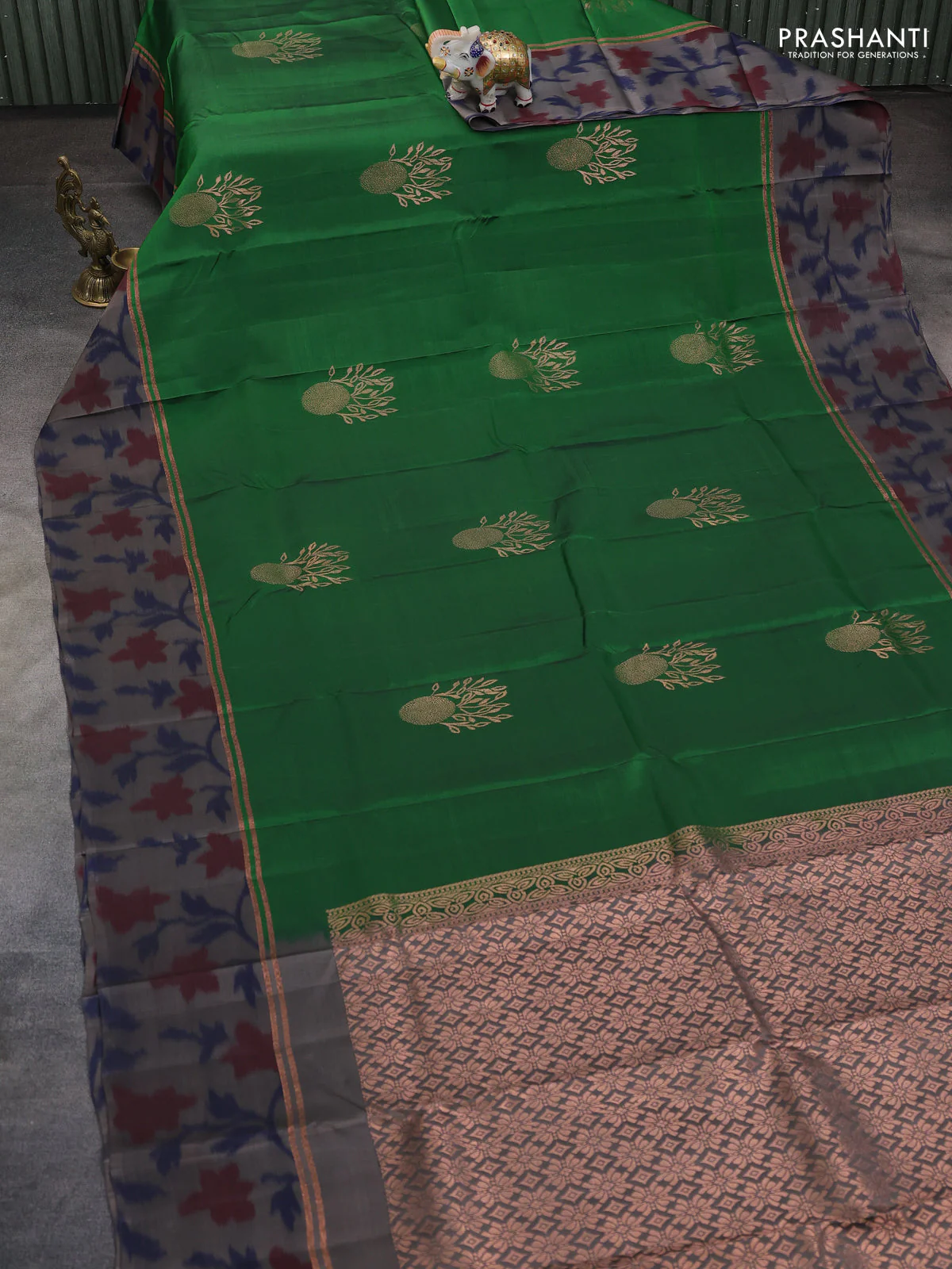 Kanchipuram silk saree green and grey with copper zari woven buttas and copper ikat woven border - Image 2