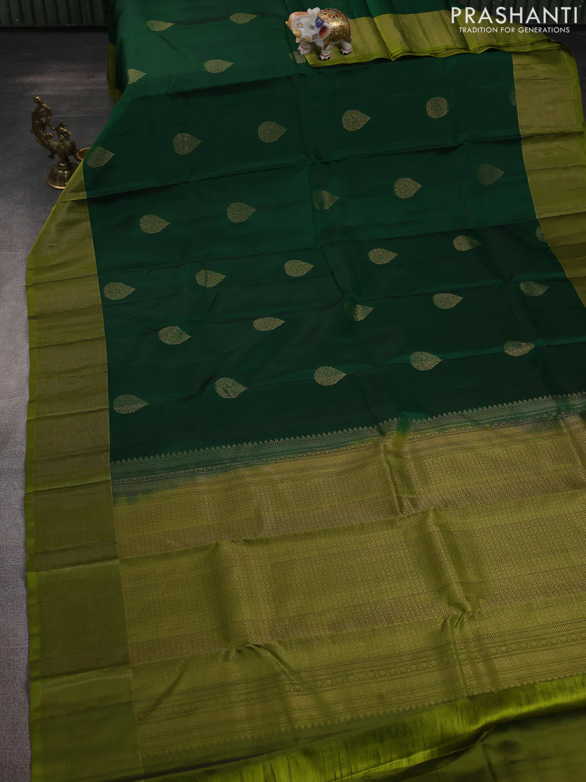 Kanchipuram silk saree green and light green with zari woven buttas and zari woven border - Image 2