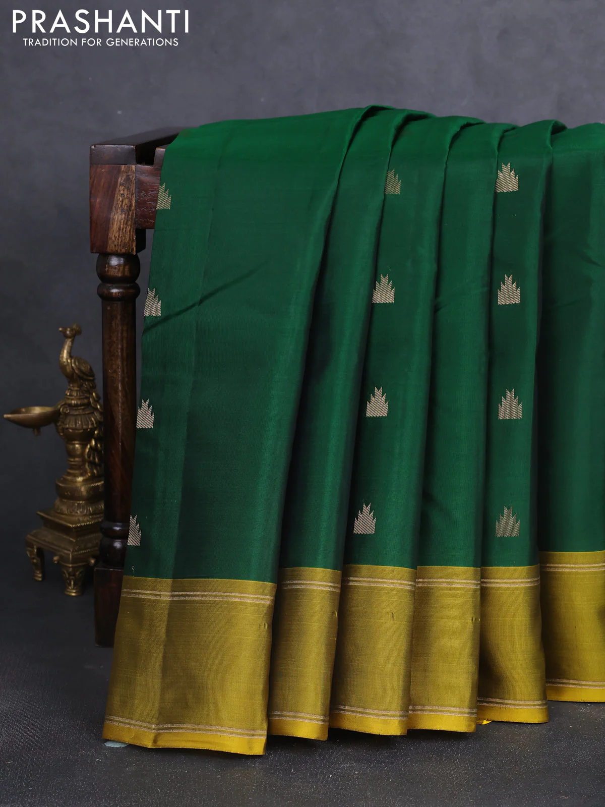 Kanchipuram silk saree green and mustard green with temple zari woven buttas and rettapet zari woven border