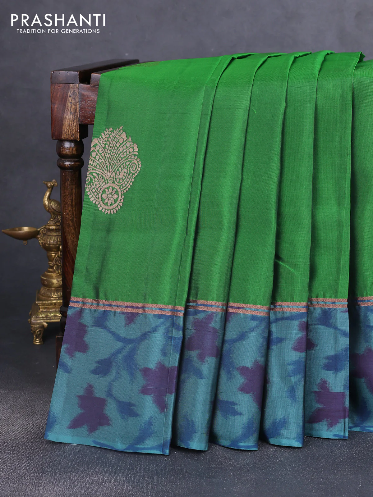 Kanchipuram silk saree green and pastel shade of blue with copper zari woven buttas and copper ikat woven border
