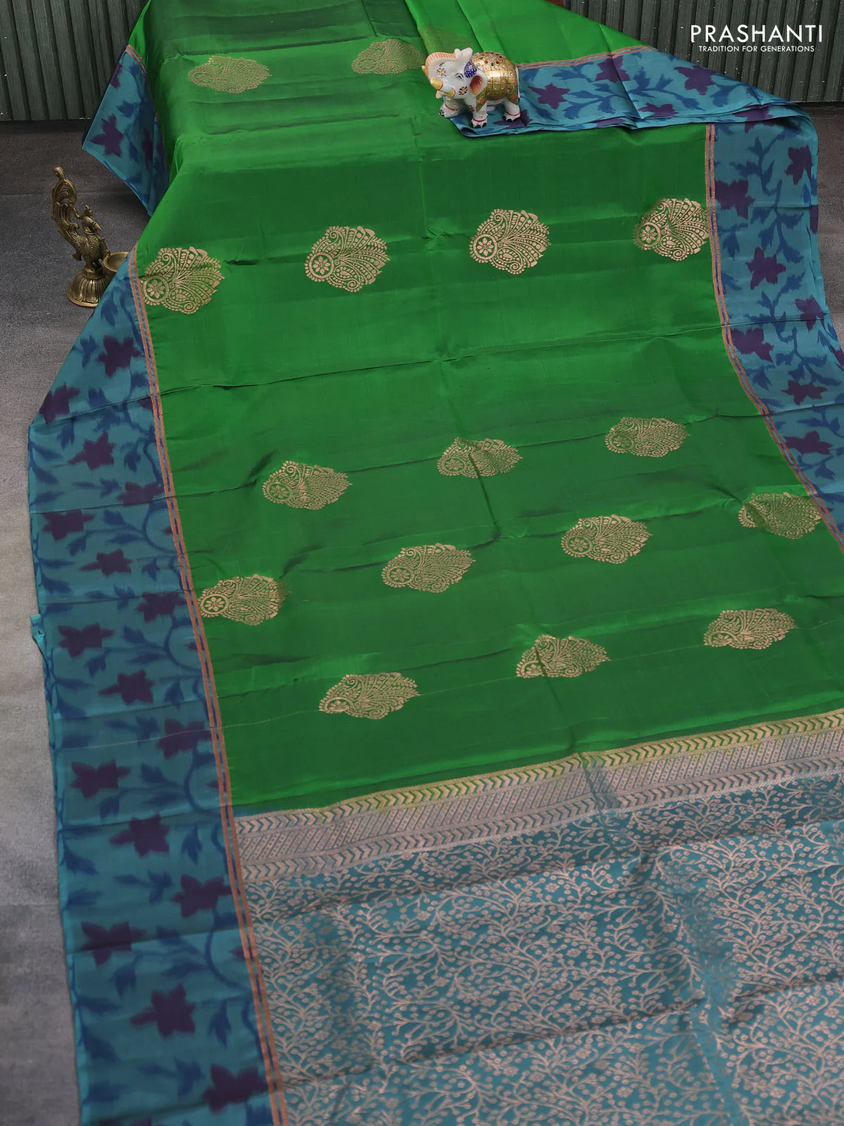 Kanchipuram silk saree green and pastel shade of blue with copper zari woven buttas and copper ikat woven border - Image 2