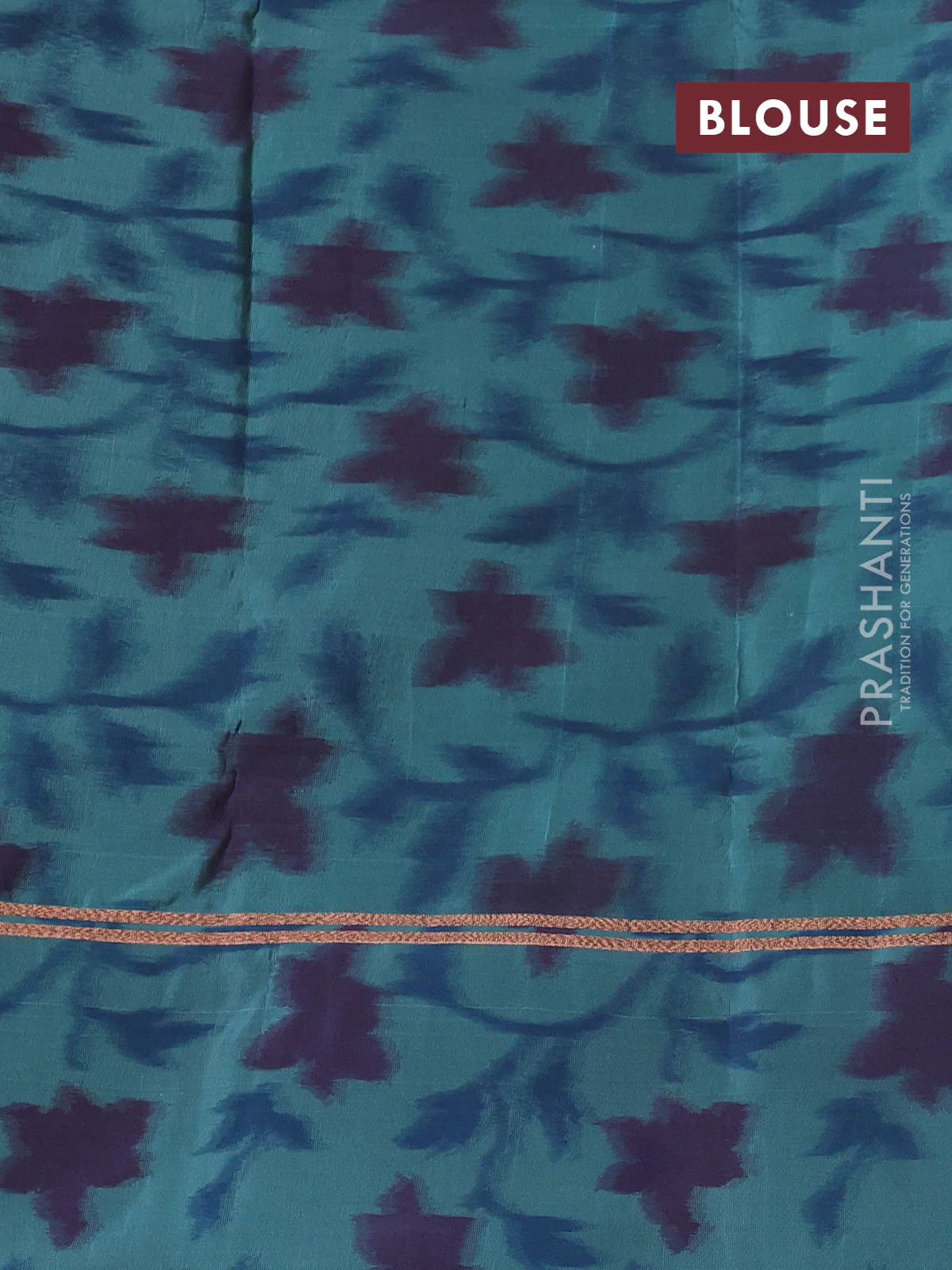 Kanchipuram silk saree green and pastel shade of blue with copper zari woven buttas and copper ikat woven border - Image 3
