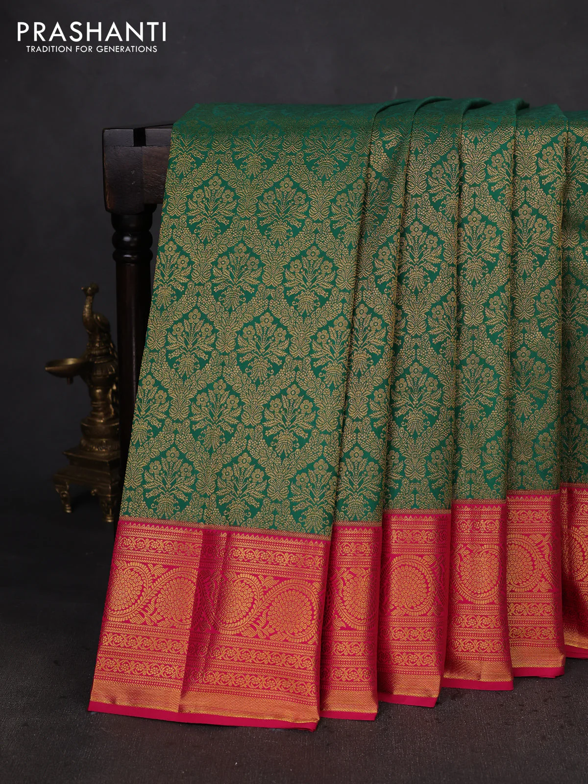 Kanchipuram silk saree green and pink with allover zari woven brocade weaves and zari woven border