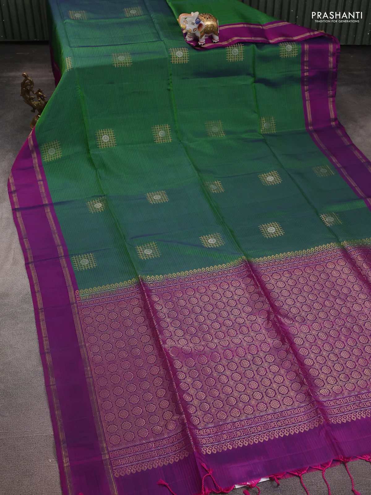 Kanchipuram silk saree green shade and purple with stripes pattern & zari buttas and rettapet zari woven border - Image 2