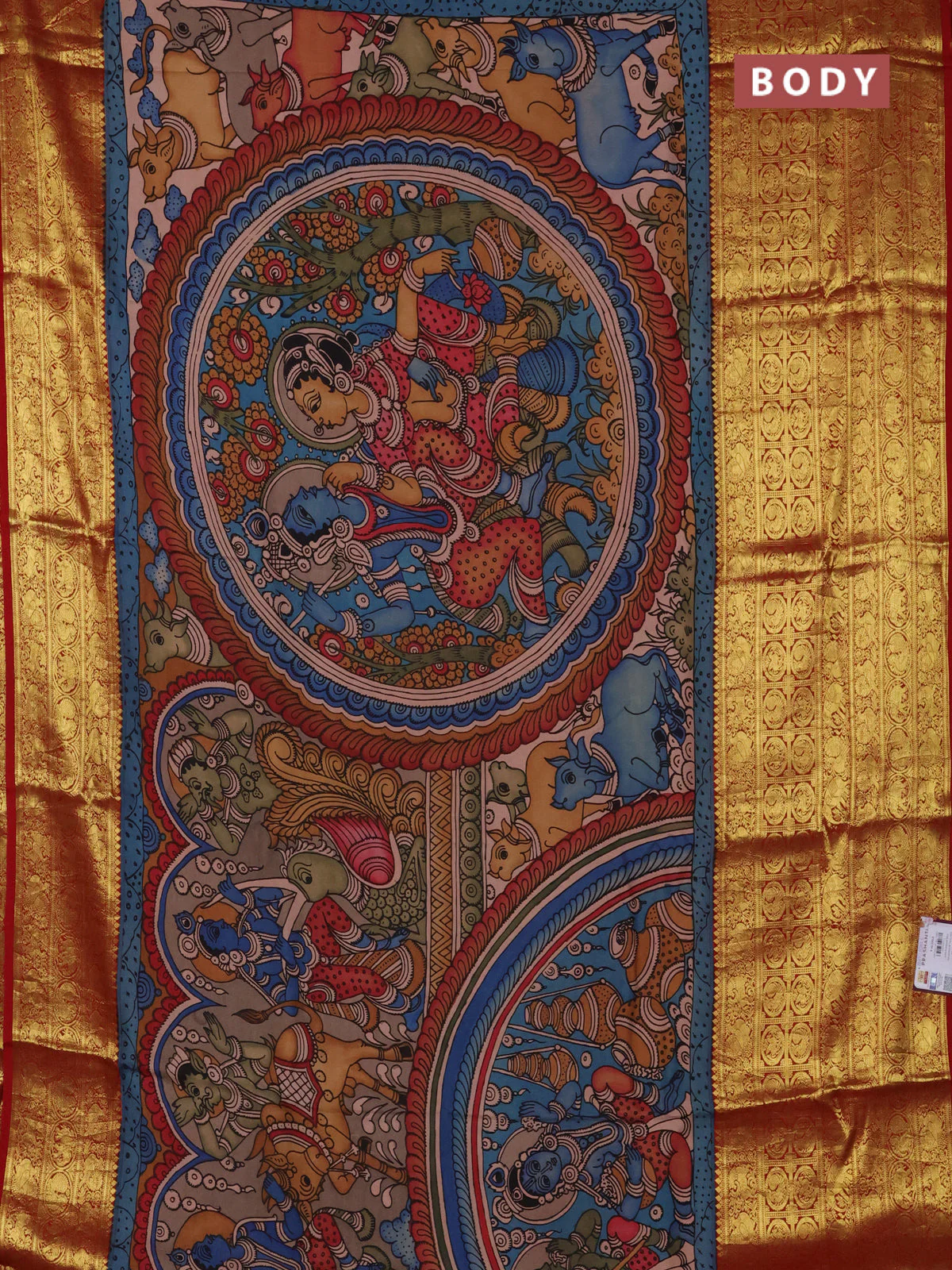 Pure kanchipuram silk saree grey and maroon with allover penkalamkari prints and long rich zari woven border - Image 2