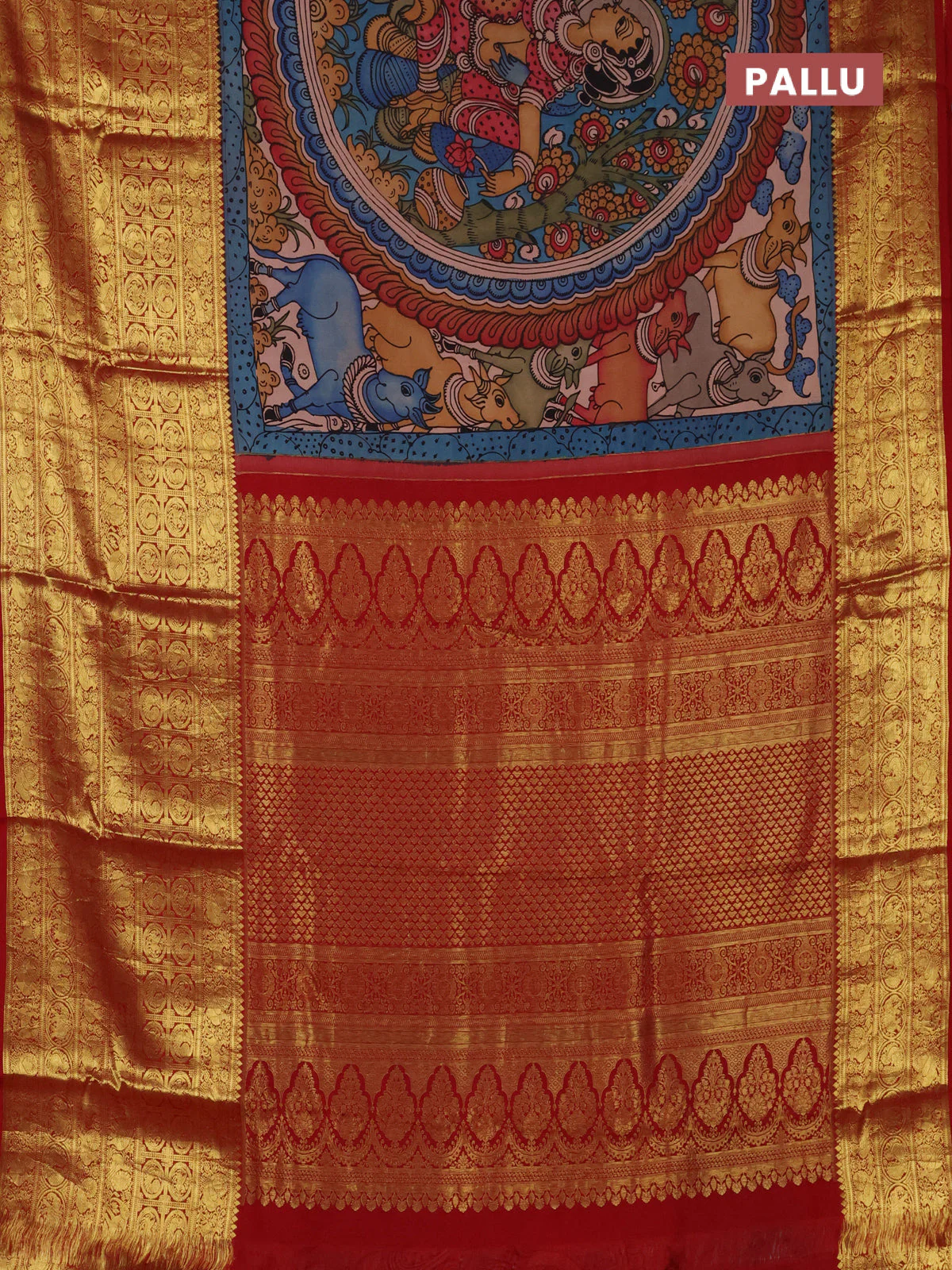 Pure kanchipuram silk saree grey and maroon with allover penkalamkari prints and long rich zari woven border - Image 3