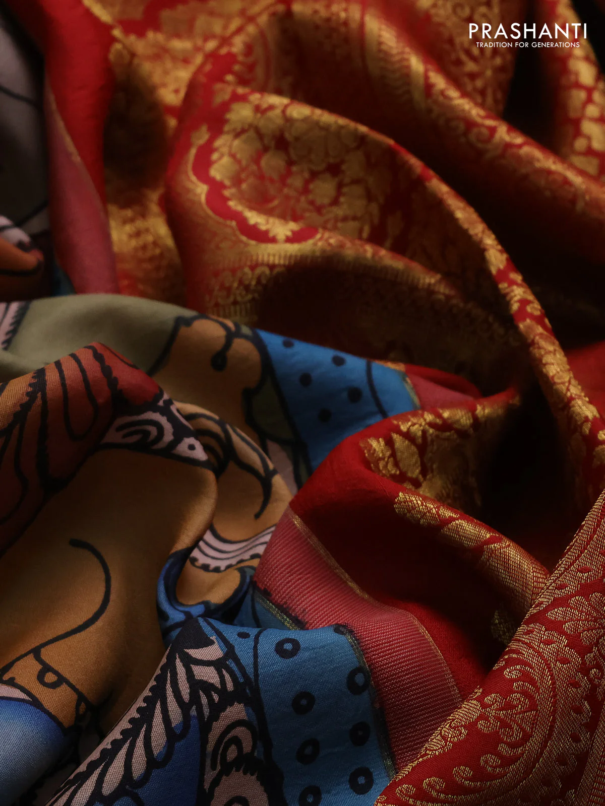 Pure kanchipuram silk saree grey and maroon with allover penkalamkari prints and long rich zari woven border - Image 4