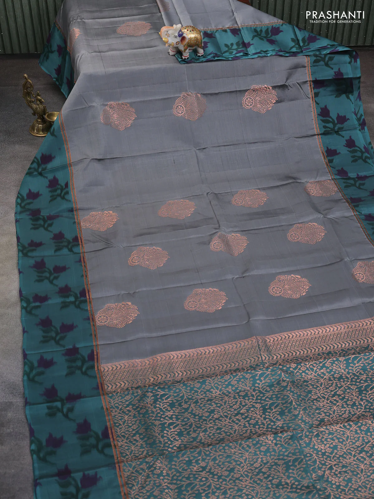 Kanchipuram silk saree grey and pastel shade of blue with copper zari woven buttas and copper ikat woven border - Image 2