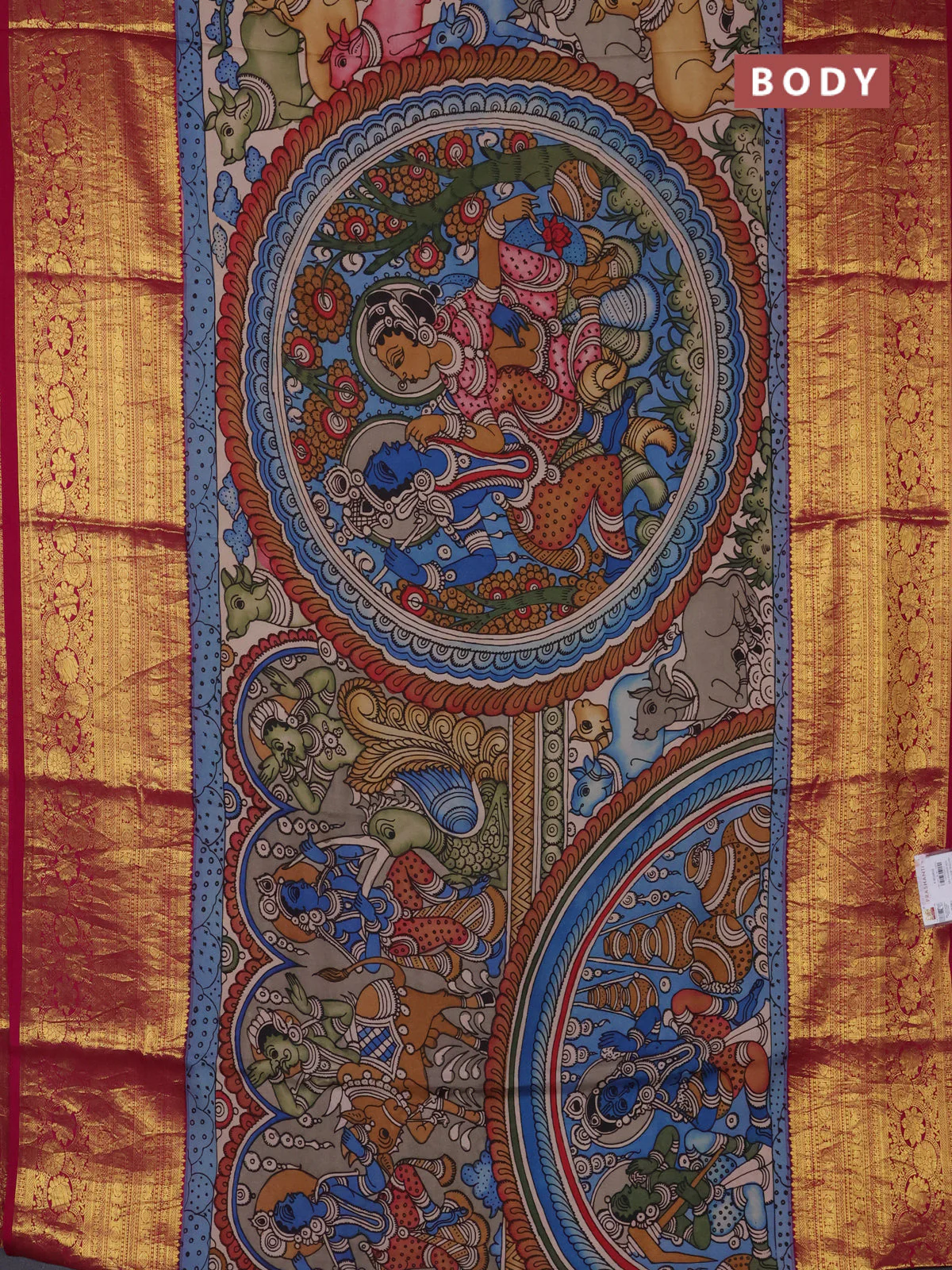 Pure kanchipuram silk saree grey blue and magenta pink with allover penkalamkari prints and long rich lotus zari woven border - Image 2