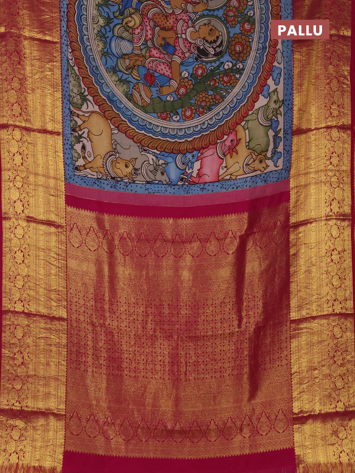 Pure kanchipuram silk saree grey blue and magenta pink with allover penkalamkari prints and long rich lotus zari woven border - Image 3