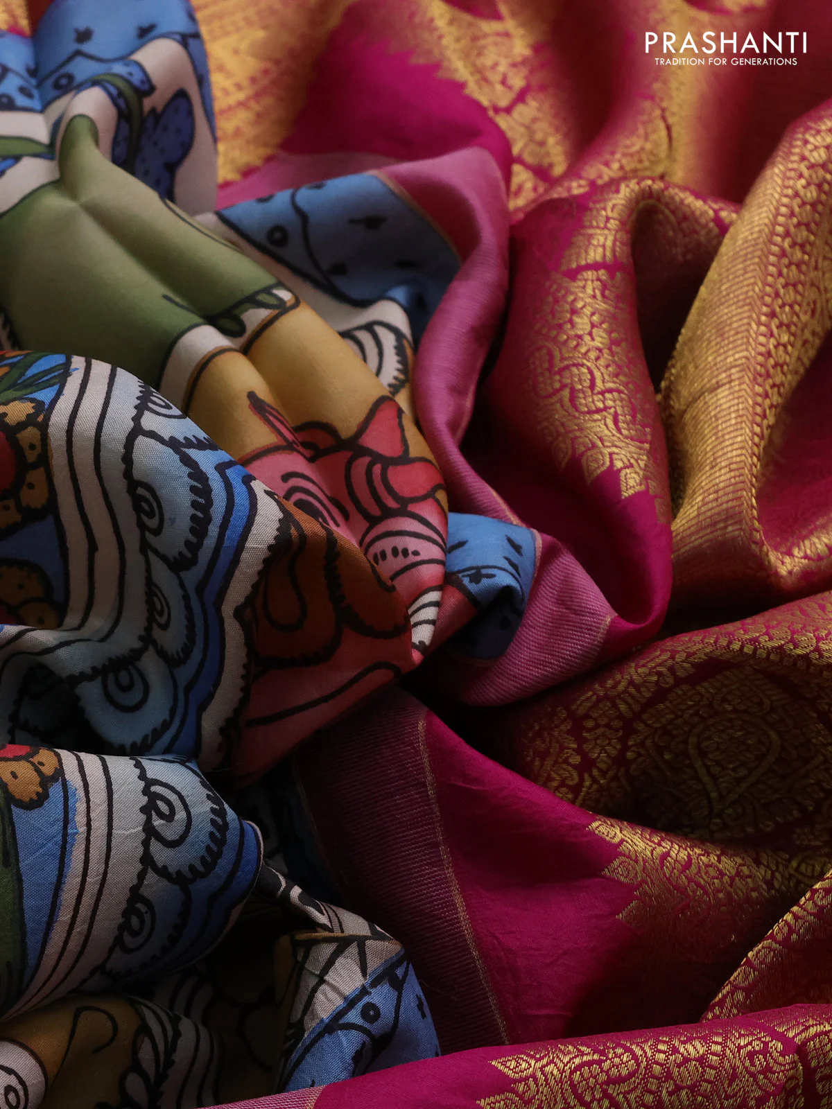 Pure kanchipuram silk saree grey blue and magenta pink with allover penkalamkari prints and long rich lotus zari woven border - Image 4