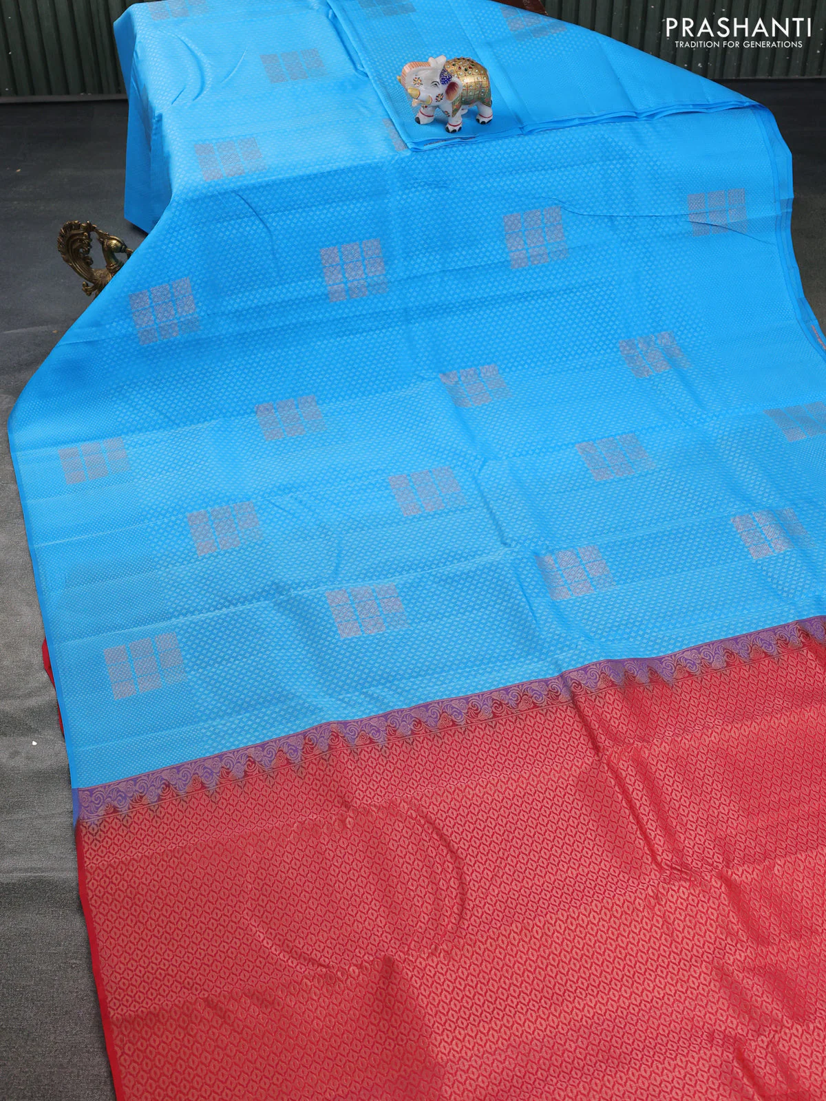 Kanchipuram silk saree light blue and red with allover self emboss & copper zari buttas in borderless style - Image 2