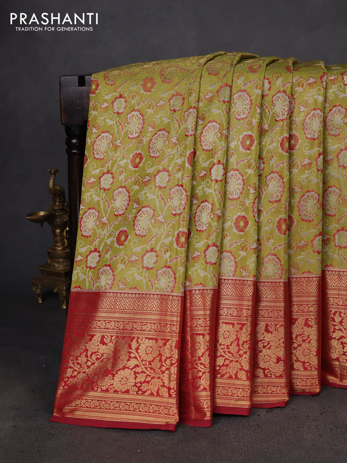 Kanchipuram silk saree light green and pink with allover zari woven brocade weaves and zari woven border