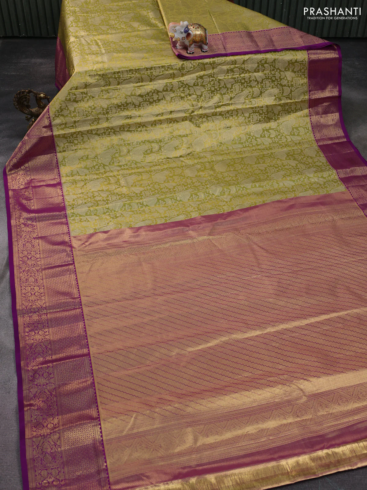 Kanchipuram silk saree light green and purple with allover zari woven brocade weaves and zari woven border - Image 2