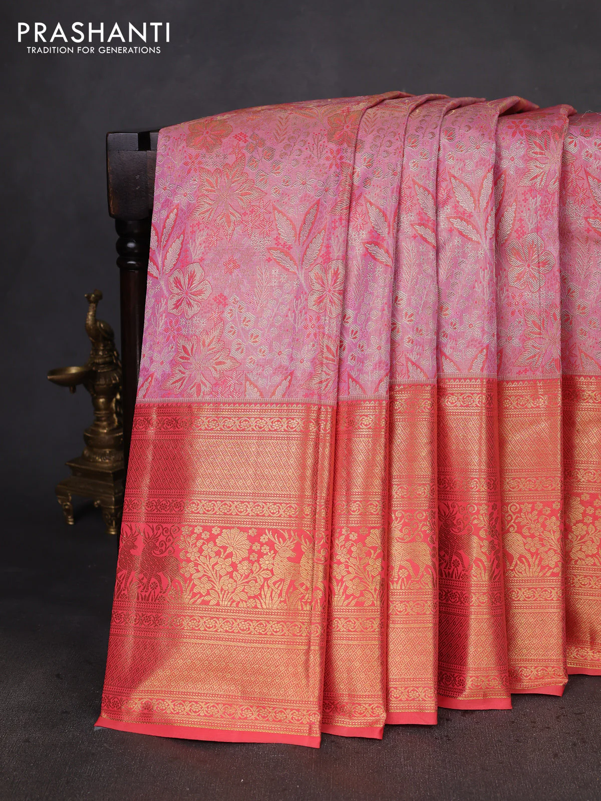 Kanchipuram silk saree light pink and peach orange with allover zari woven brocade weaves and zari woven border
