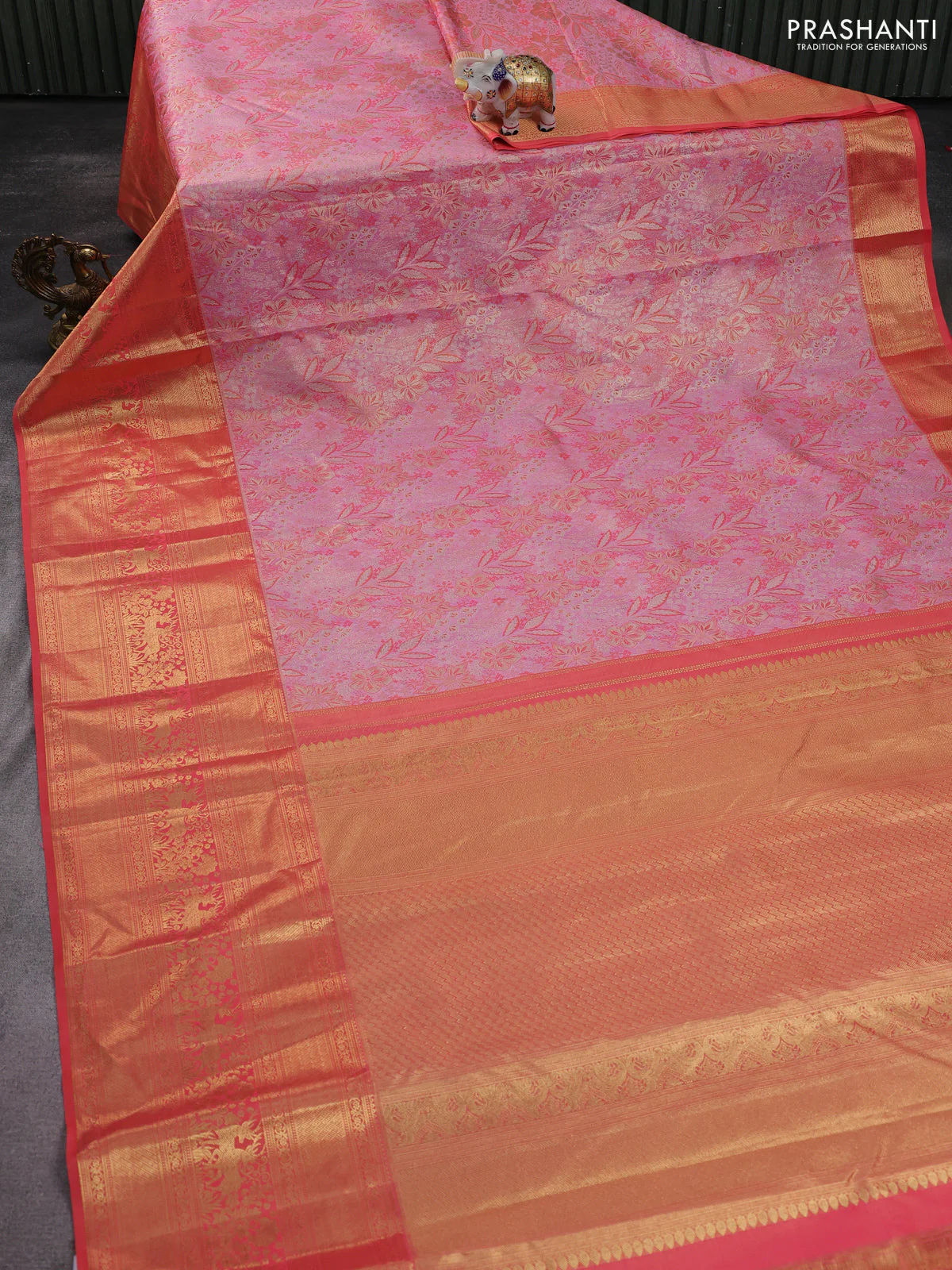 Kanchipuram silk saree light pink and peach orange with allover zari woven brocade weaves and zari woven border - Image 2