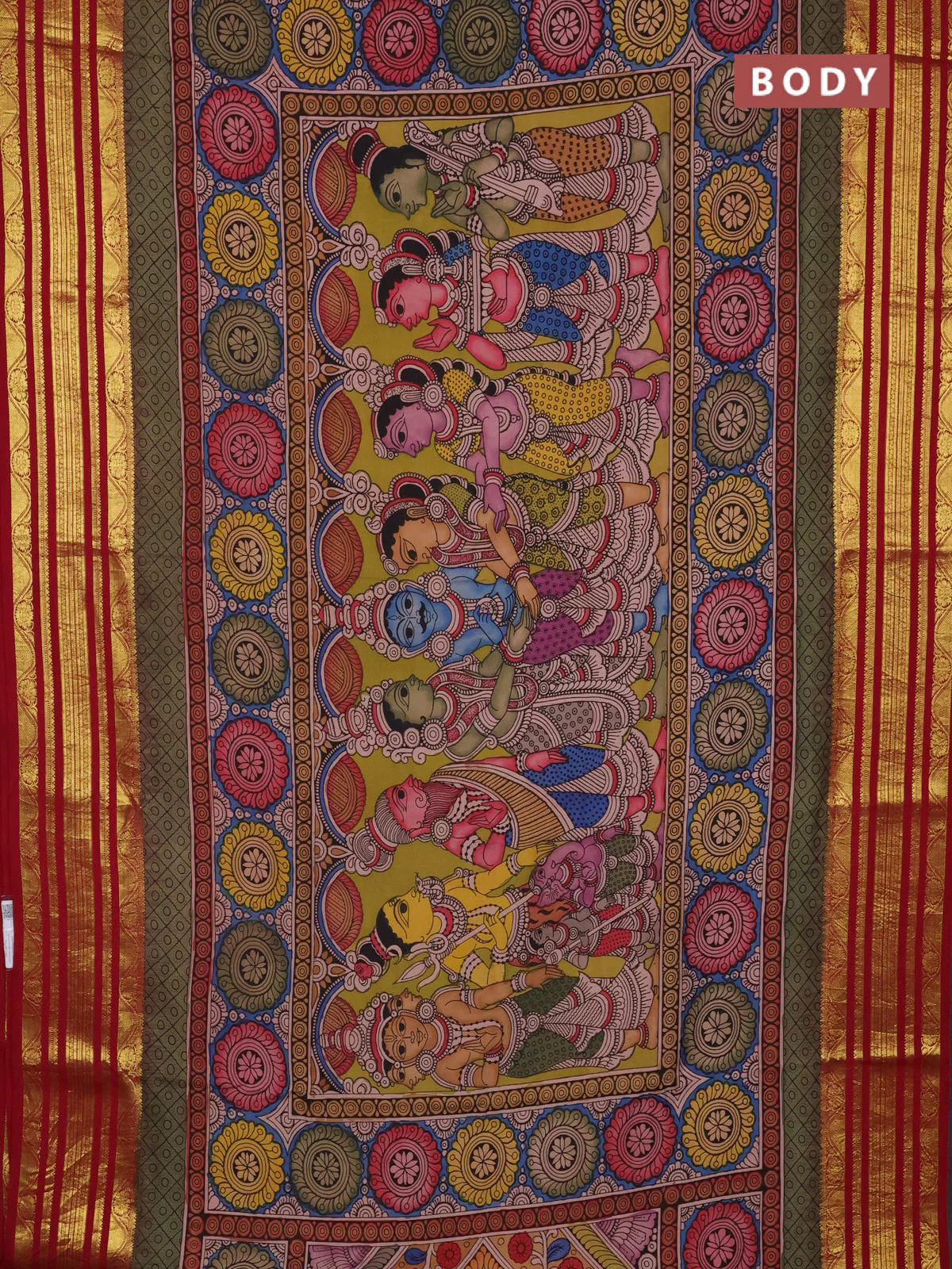 Pure kanchipuram silk saree lime green and maroon with allover penkalamkari prints and rich zari woven border - Image 2