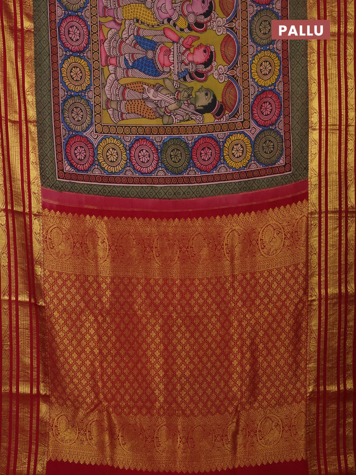 Pure kanchipuram silk saree lime green and maroon with allover penkalamkari prints and rich zari woven border - Image 3