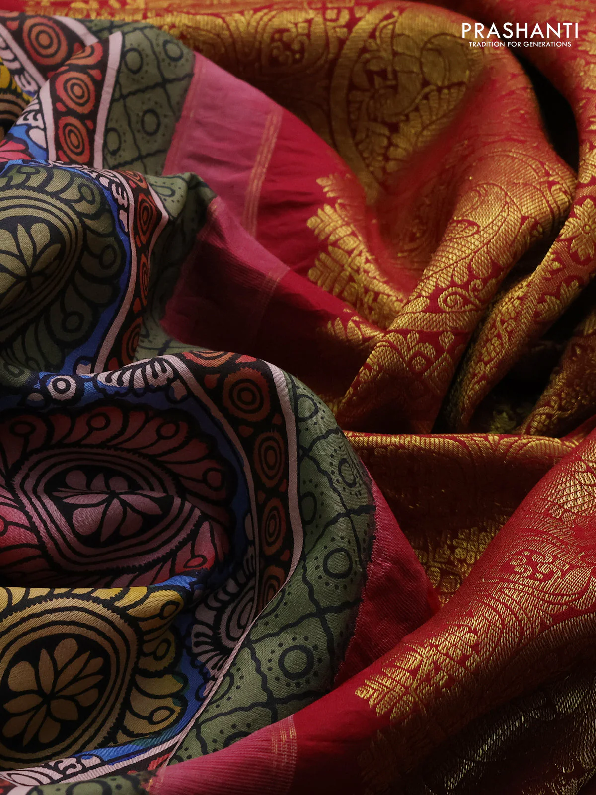 Pure kanchipuram silk saree lime green and maroon with allover penkalamkari prints and rich zari woven border - Image 4
