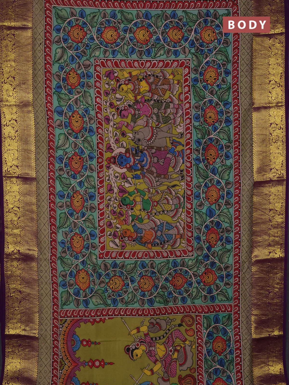 Pure kanchipuram silk saree lime green and purple with allover penkalamkari prints and annam rich zari woven border - Image 2