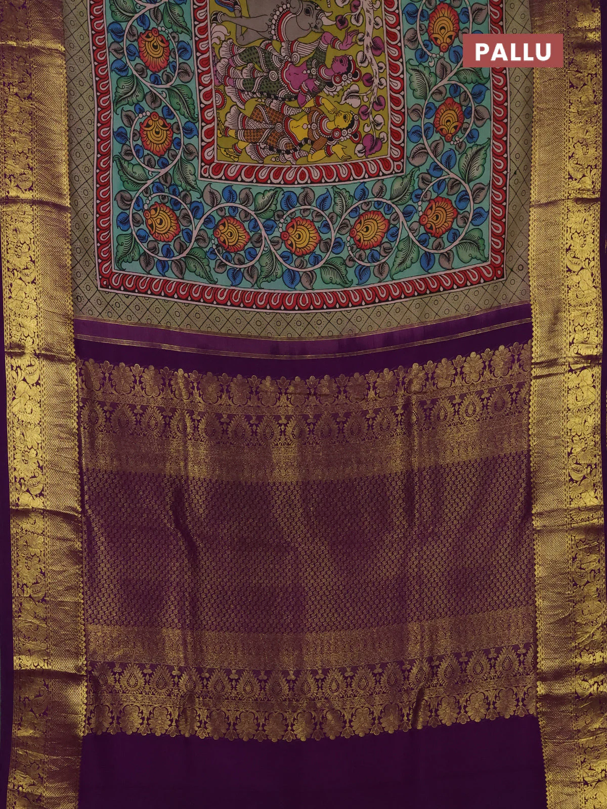 Pure kanchipuram silk saree lime green and purple with allover penkalamkari prints and annam rich zari woven border - Image 3