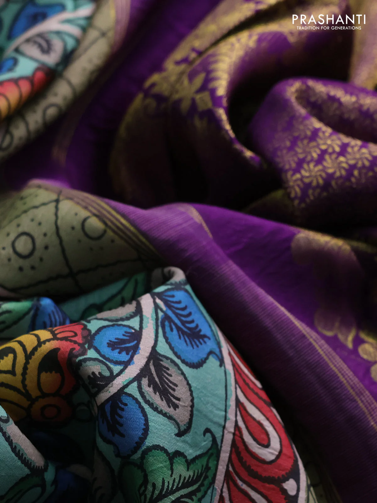 Pure kanchipuram silk saree lime green and purple with allover penkalamkari prints and annam rich zari woven border - Image 4