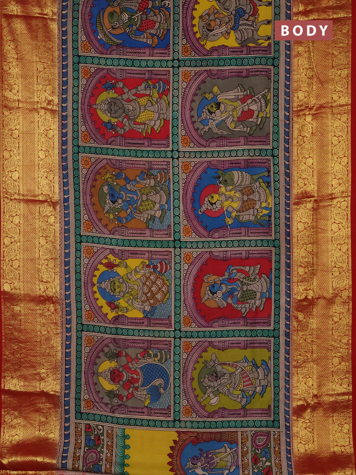 Pure kanchipuram silk saree lime green and red with allover penkalamkari prints and rich zari woven border - Image 2