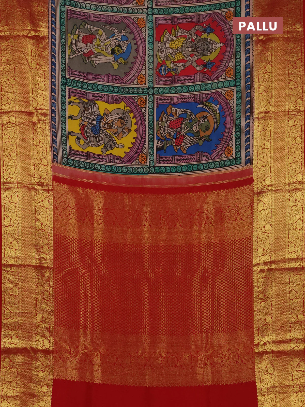 Pure kanchipuram silk saree lime green and red with allover penkalamkari prints and rich zari woven border - Image 3