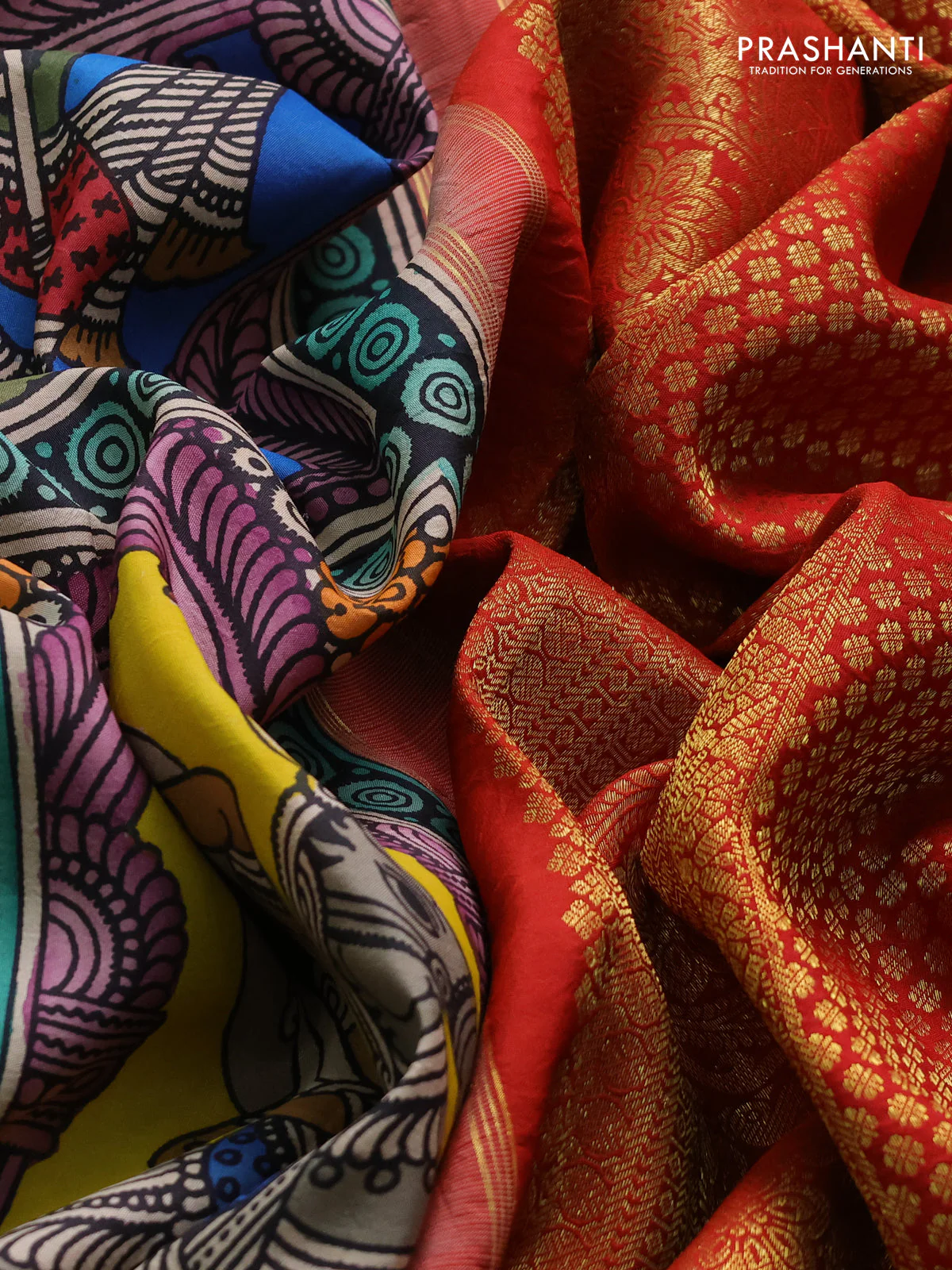 Pure kanchipuram silk saree lime green and red with allover penkalamkari prints and rich zari woven border - Image 4
