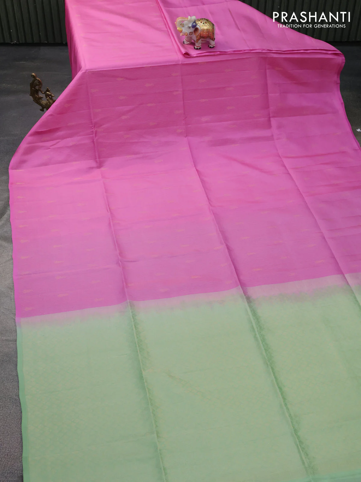Kanchipuram silk saree lotus pink and pista green with allover zari weaves in borderless style - Image 2