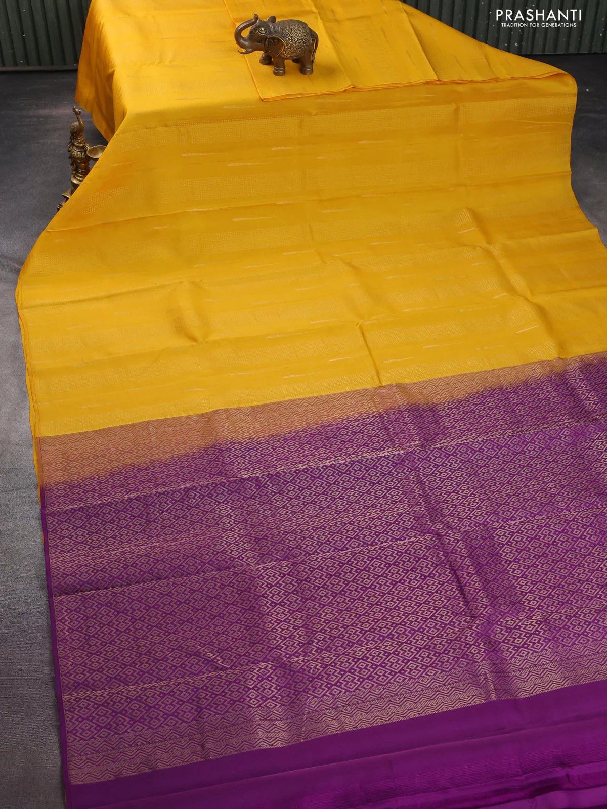 Kanchipuram silk saree mango yellow and purple with allover zari weaves in borderless style - Image 2