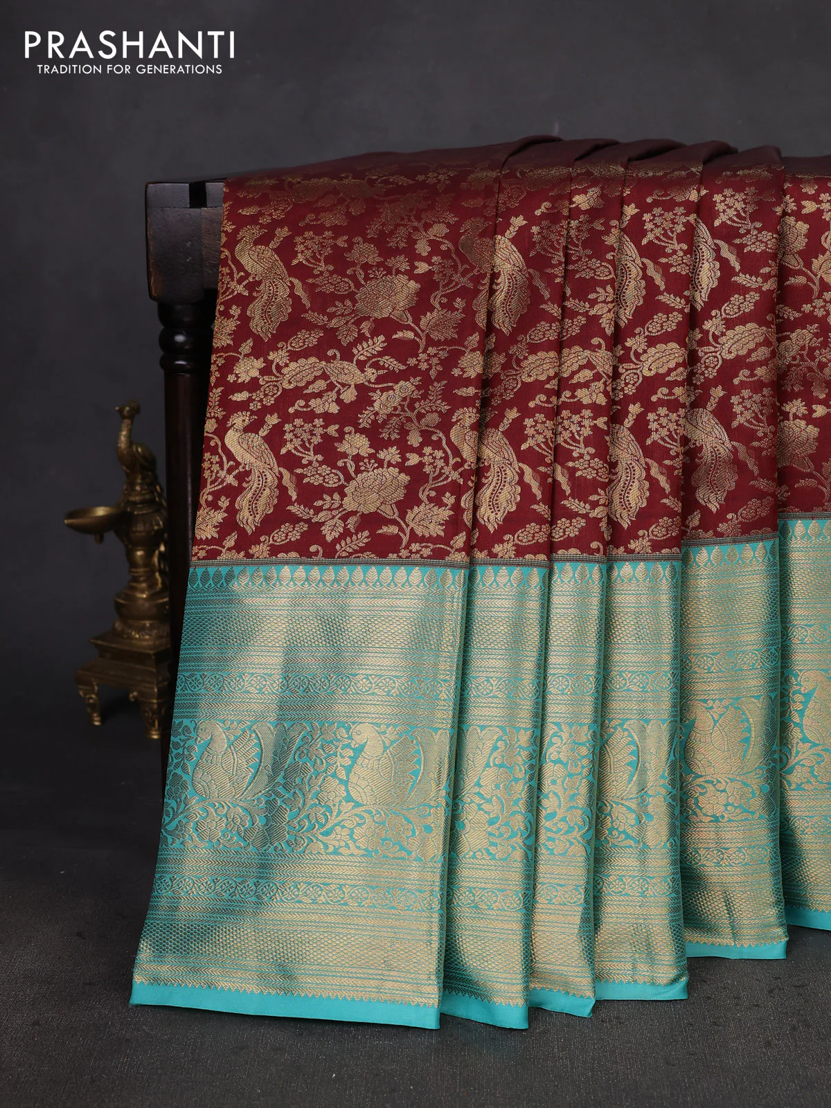 Kanchipuram silk saree maroon and pastel blue with allover zari woven brocade weaves and long zari woven border