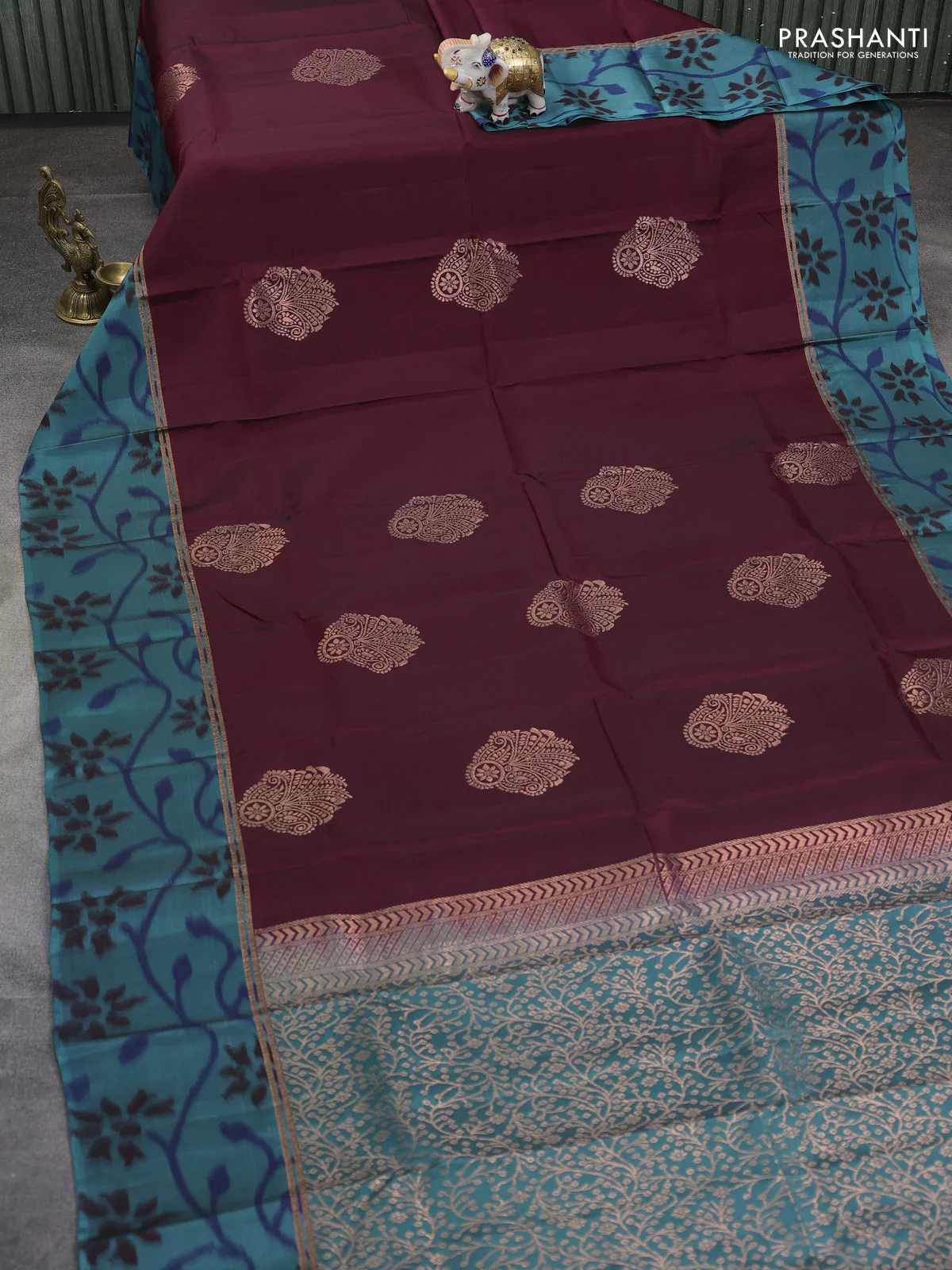 Kanchipuram silk saree maroon and pastel shade of blue with copper zari woven buttas and copper ikat woven border - Image 2