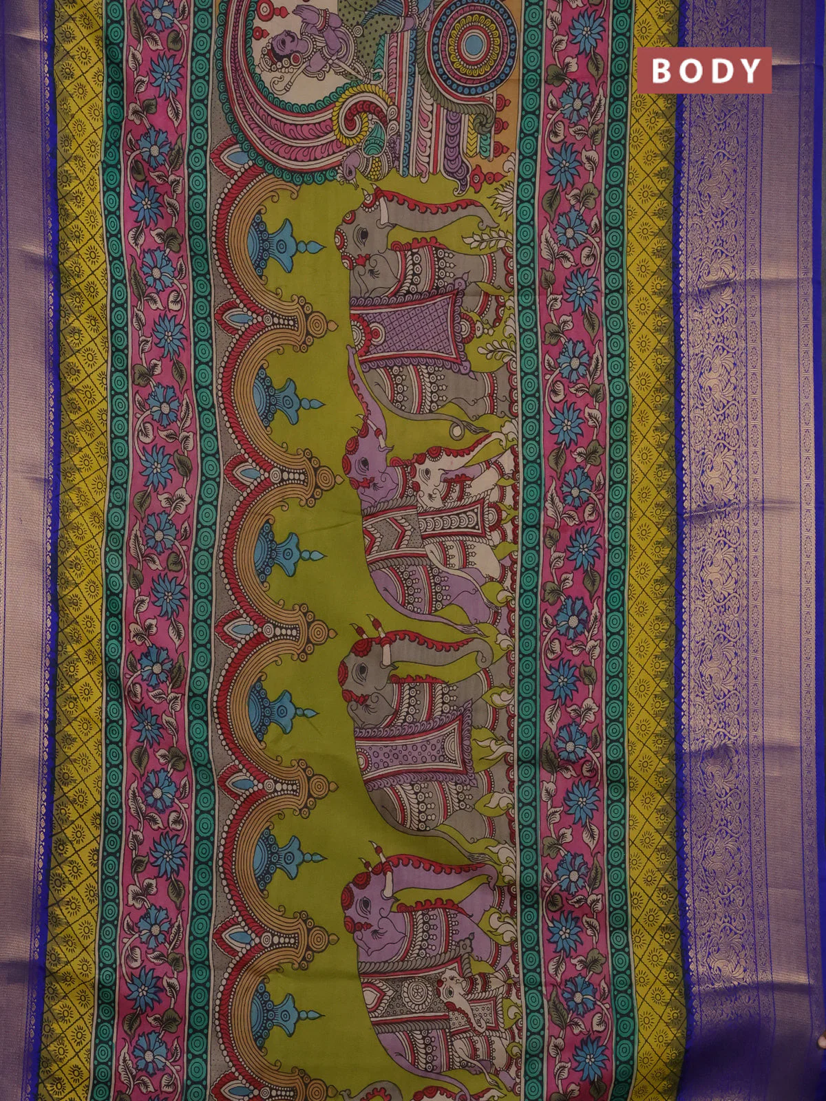 Pure kanchipuram silk saree mehendi green and blue with allover penkalamkari prints and annam zari woven border - Image 2