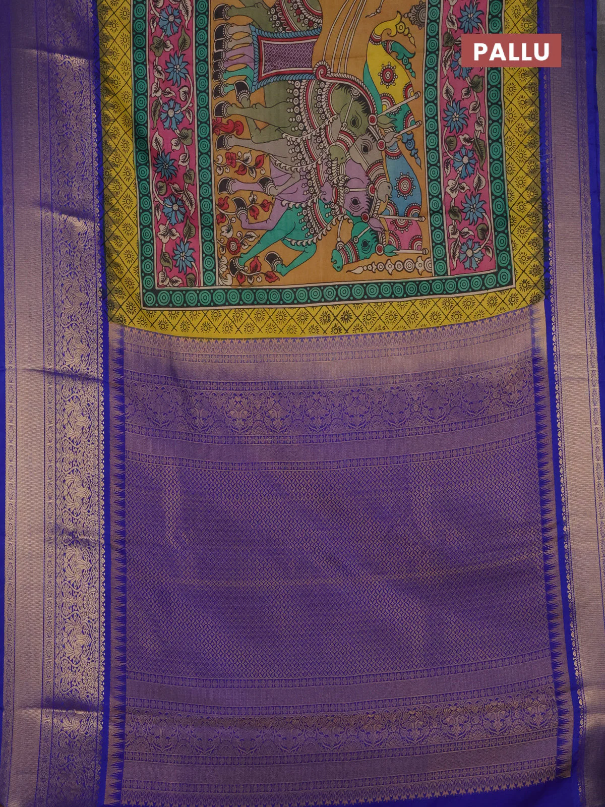 Pure kanchipuram silk saree mehendi green and blue with allover penkalamkari prints and annam zari woven border - Image 3
