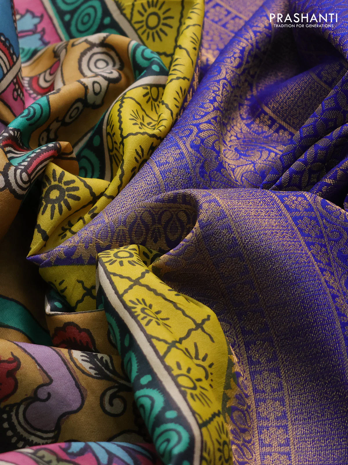 Pure kanchipuram silk saree mehendi green and blue with allover penkalamkari prints and annam zari woven border - Image 4