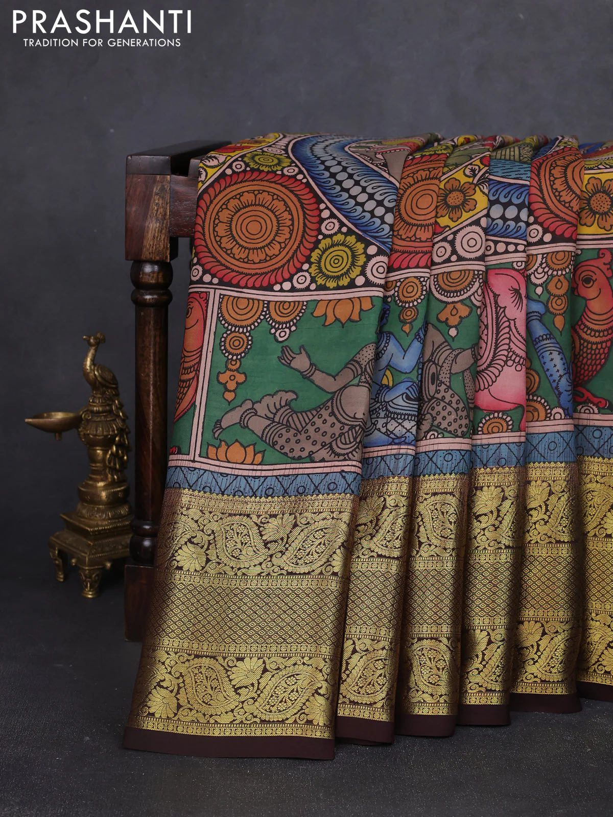 Pure kanchipuram silk saree multi colour and coffee brown with allover penkalamkari prints and rich zari woven border
