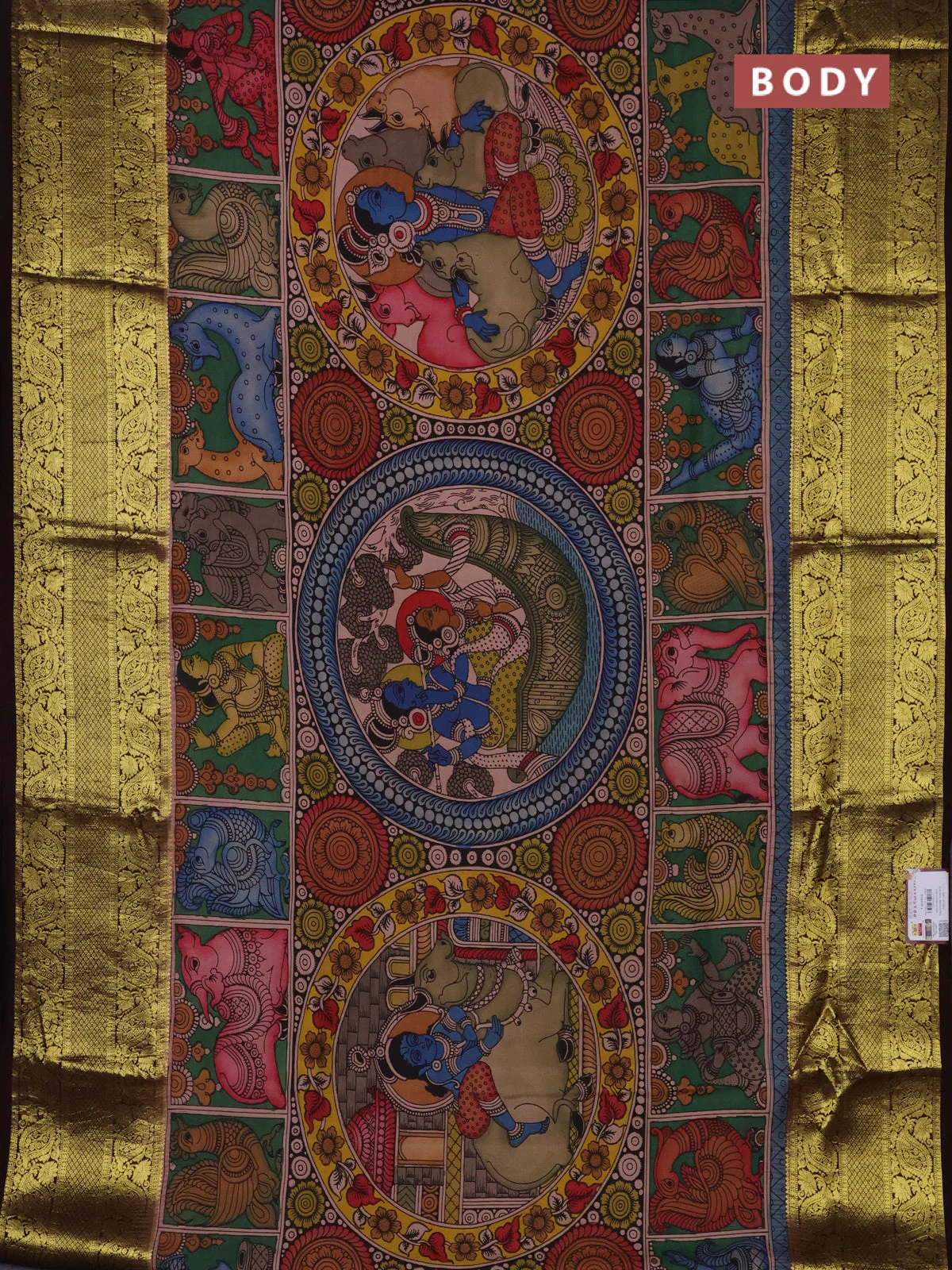 Pure kanchipuram silk saree multi colour and coffee brown with allover penkalamkari prints and rich zari woven border - Image 2
