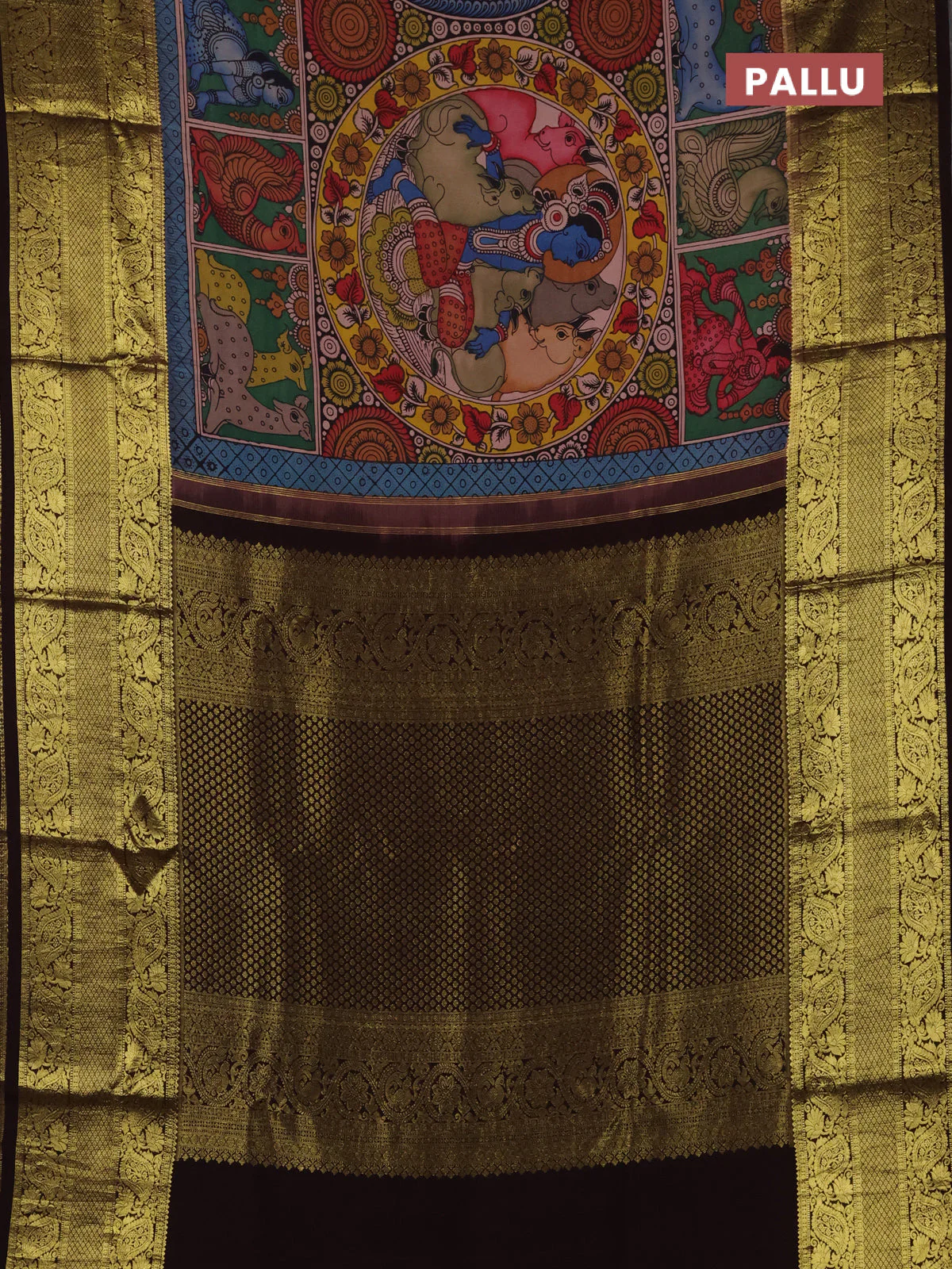 Pure kanchipuram silk saree multi colour and coffee brown with allover penkalamkari prints and rich zari woven border - Image 3