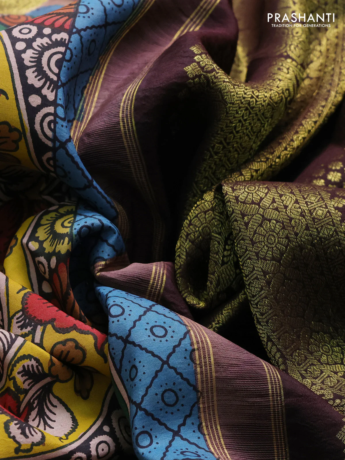 Pure kanchipuram silk saree multi colour and coffee brown with allover penkalamkari prints and rich zari woven border - Image 4