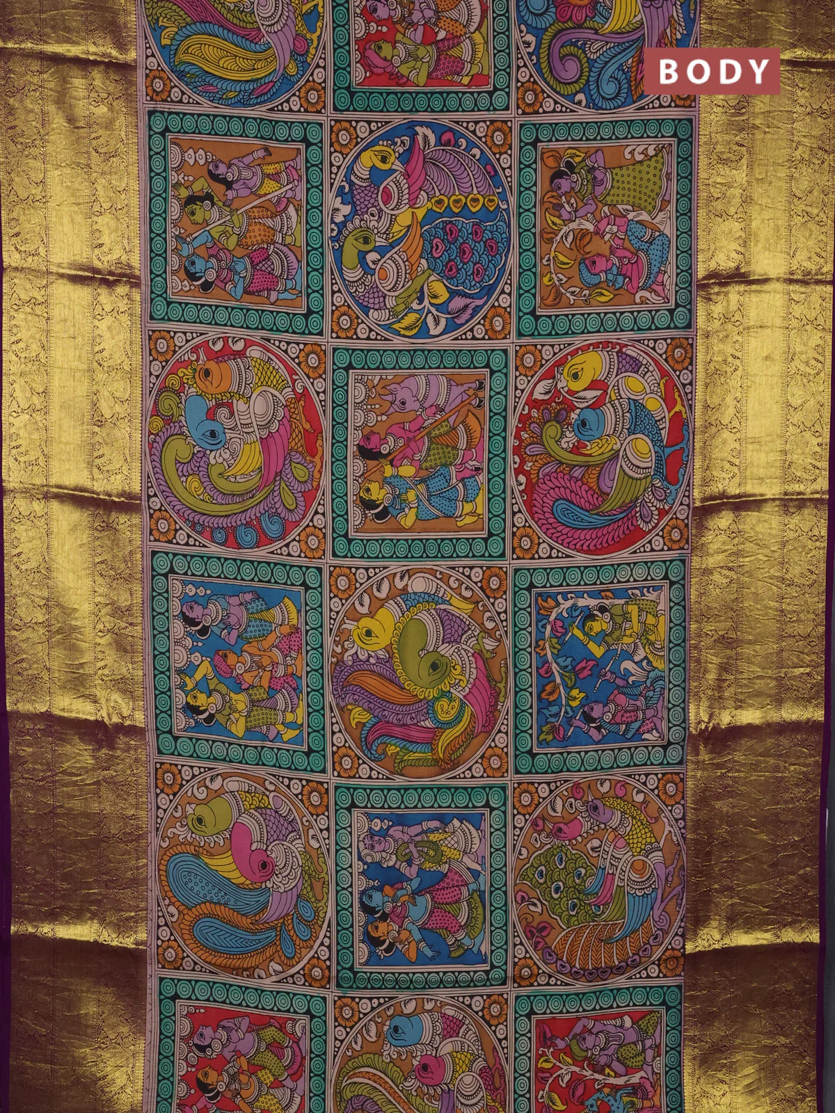 Pure kanchipuram silk saree multi colour and purple with allover penkalamkari prints and elephant & annam zari woven border - Image 2