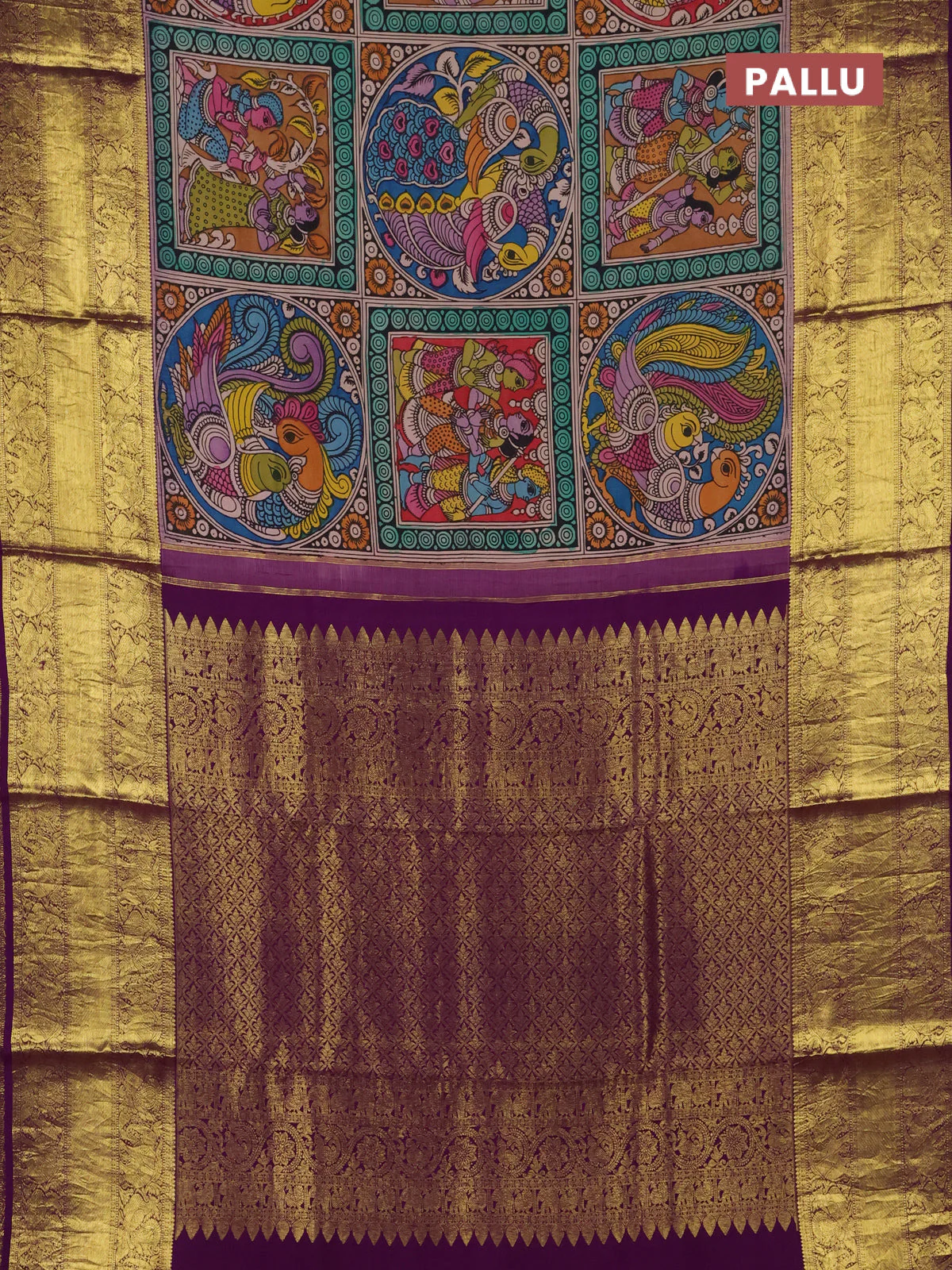 Pure kanchipuram silk saree multi colour and purple with allover penkalamkari prints and elephant & annam zari woven border - Image 3