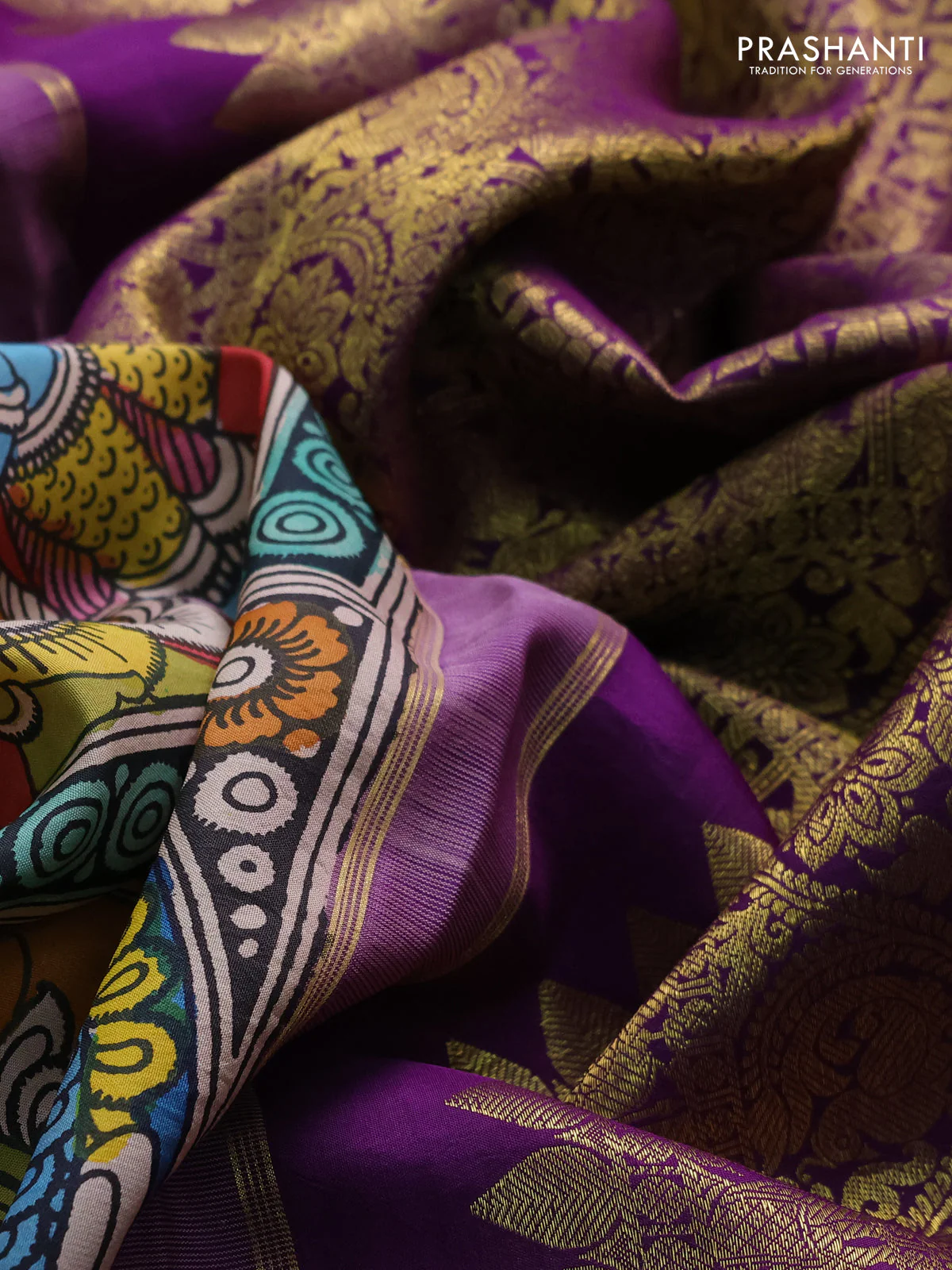 Pure kanchipuram silk saree multi colour and purple with allover penkalamkari prints and elephant & annam zari woven border - Image 4