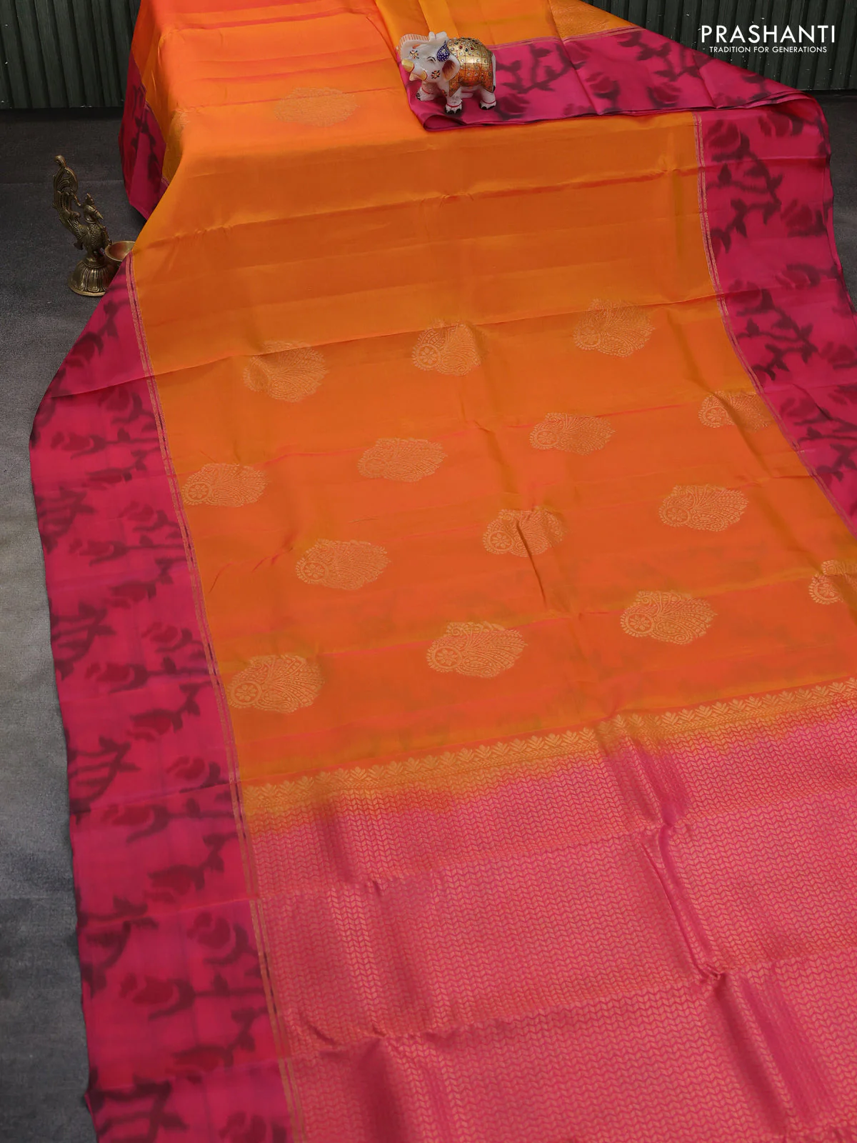 Kanchipuram silk saree orange and peach pink with copper zari woven buttas and copper ikat woven border - Image 2